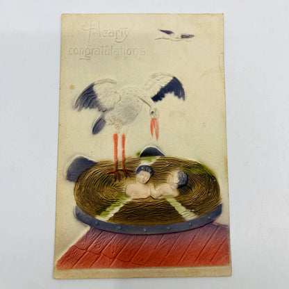 1910s Post Card Embossed Airbrushed Stork With 2 Babies in Nest PA6