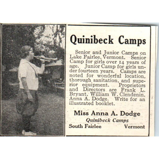 c1920 Harper's Magazine Ad Quinibeck Camps Anna A. Dodge South Fairlee VT EA3-2