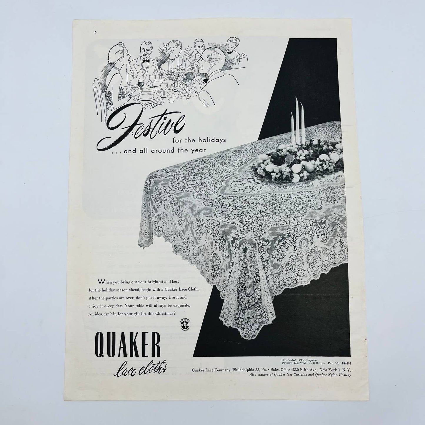 1949 Ad Quaker Festive Lace Table Cloths 12.5 x 9.5” TA8