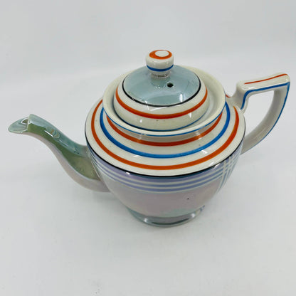 Vintage RARE Japanese Iridescent Opal Lustre Ware Blue Stripe Teapot 6x9 TC2