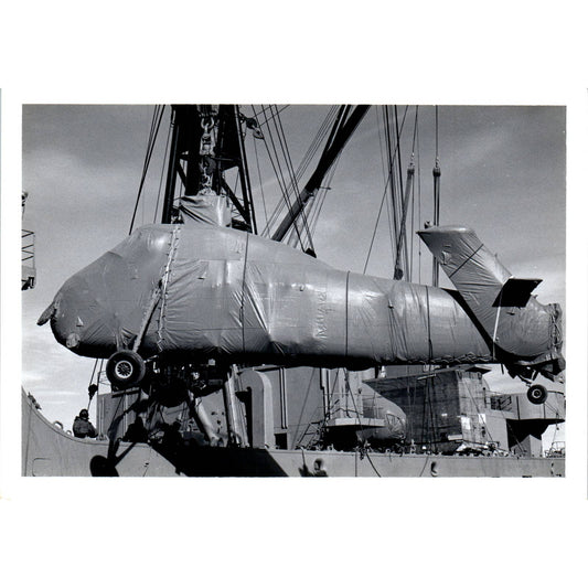 c1970 Original Photograph Lowering Wrapped Helicopter on Ship 5x7" AD6-4