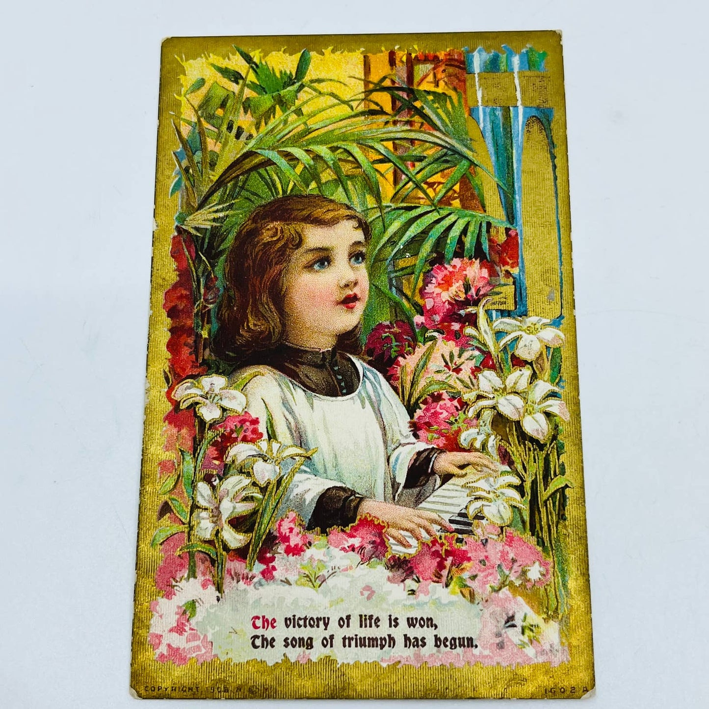 1908 Post Card Dresden Gilt Victorian Girl Playing Piano Flowers PA7