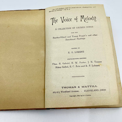 1899 The Voice Of Melody Hymn Book By E. S. Lorenz, Church Songs Music TE2