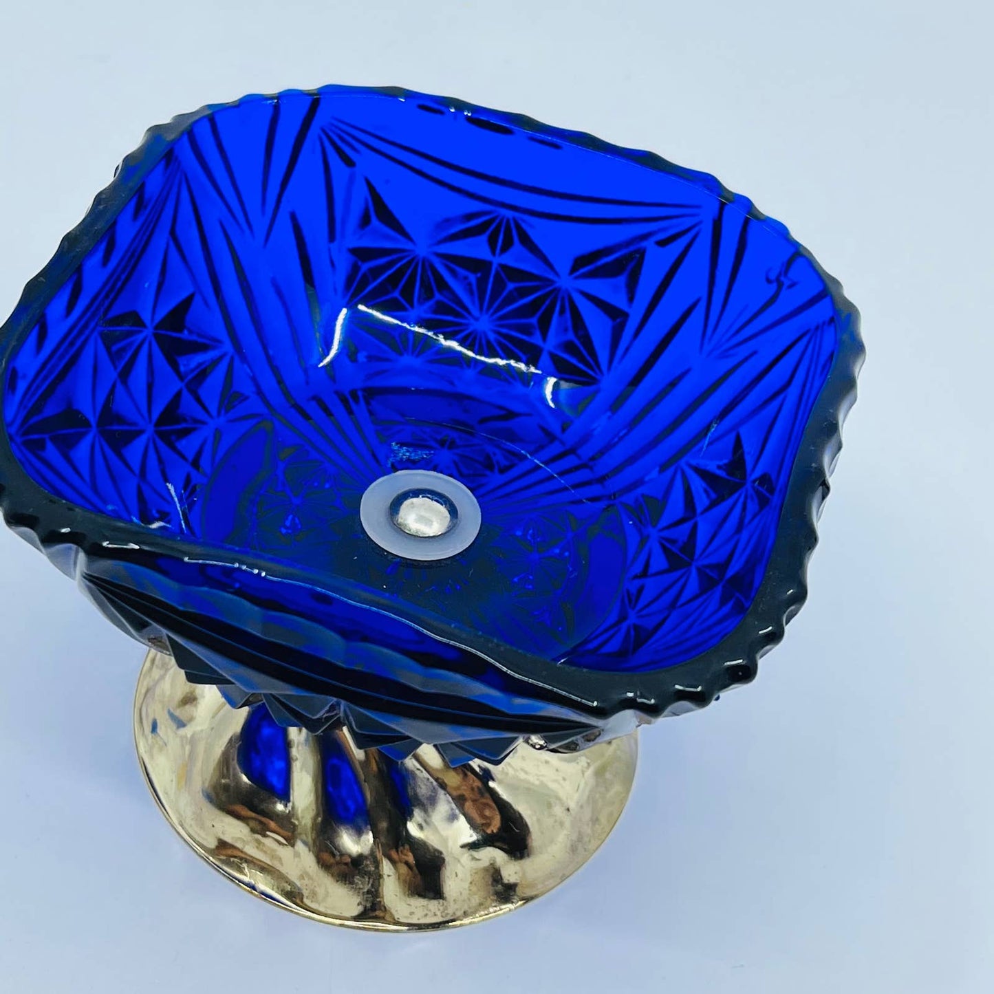 Vintage Cobalt Blue Cut Glass Silver Tone Footed Compote Dish 3.5 x 4.5” TD7