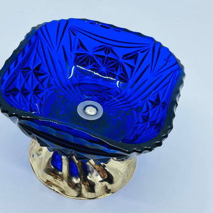 Vintage Cobalt Blue Cut Glass Silver Tone Footed Compote Dish 3.5 x 4.5” TD7