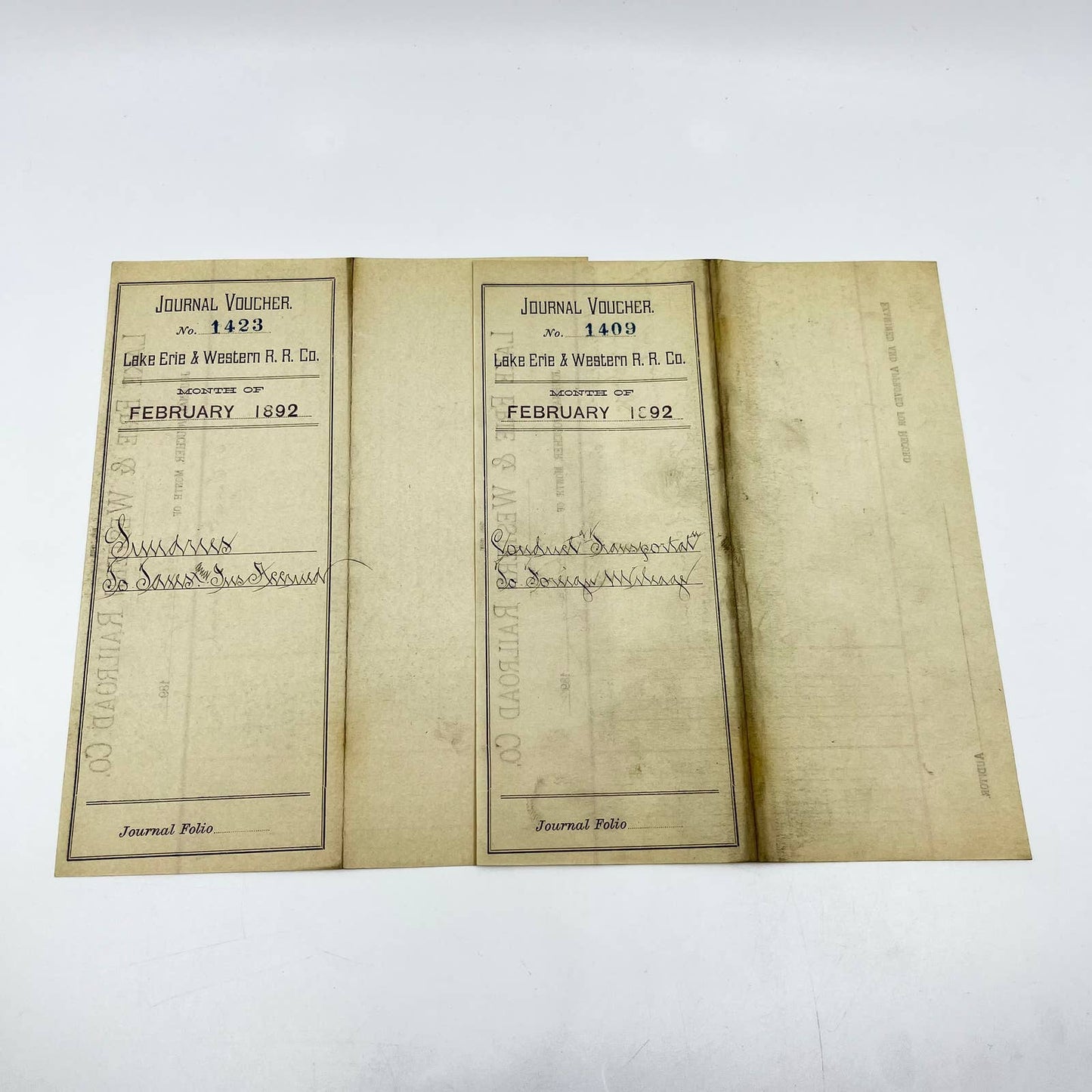 1892 Lake Erie & Western Railroad Co. Journal Voucher RR Lot of 2 AB1-3