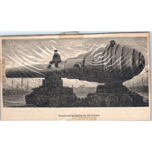 1880s French Wood Engraving Italian 100 TON GUN DUILIO at SPEZZIA 3.5x6" TJ1-1