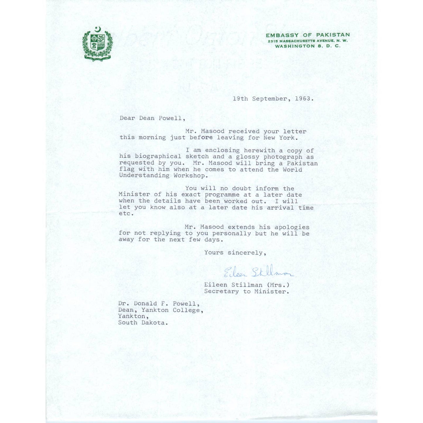 Embassy of Pakistan Official Letterhead Memo Eileen Stillman 1963 TK1-P10