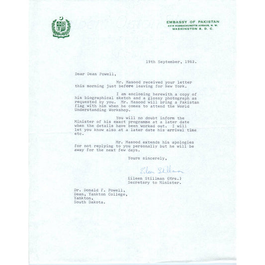 Embassy of Pakistan Official Letterhead Memo Eileen Stillman 1963 TK1-P10