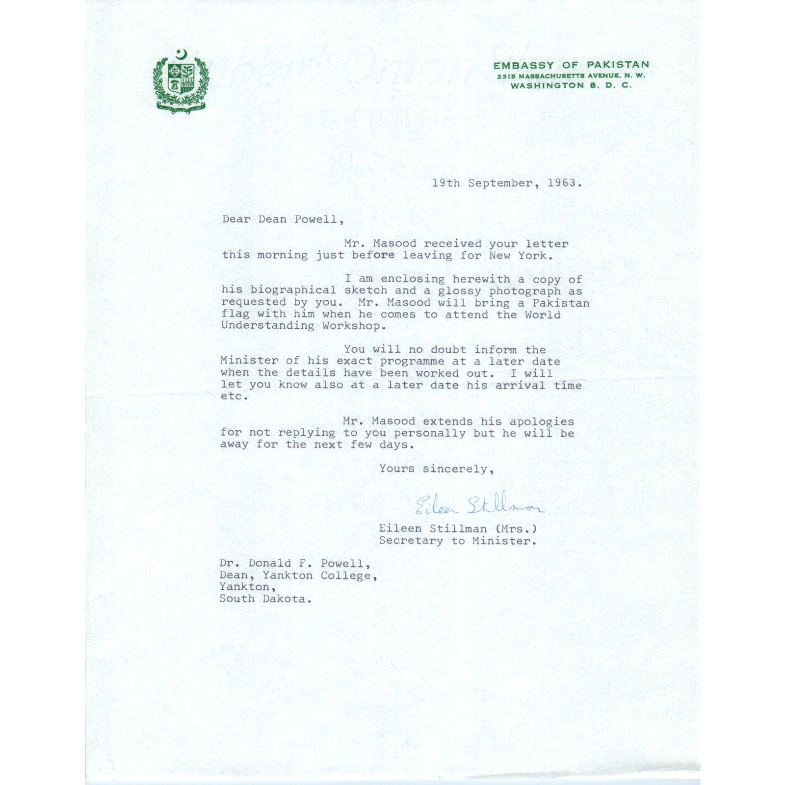 Embassy of Pakistan Official Letterhead Memo Eileen Stillman 1963 B9 ...