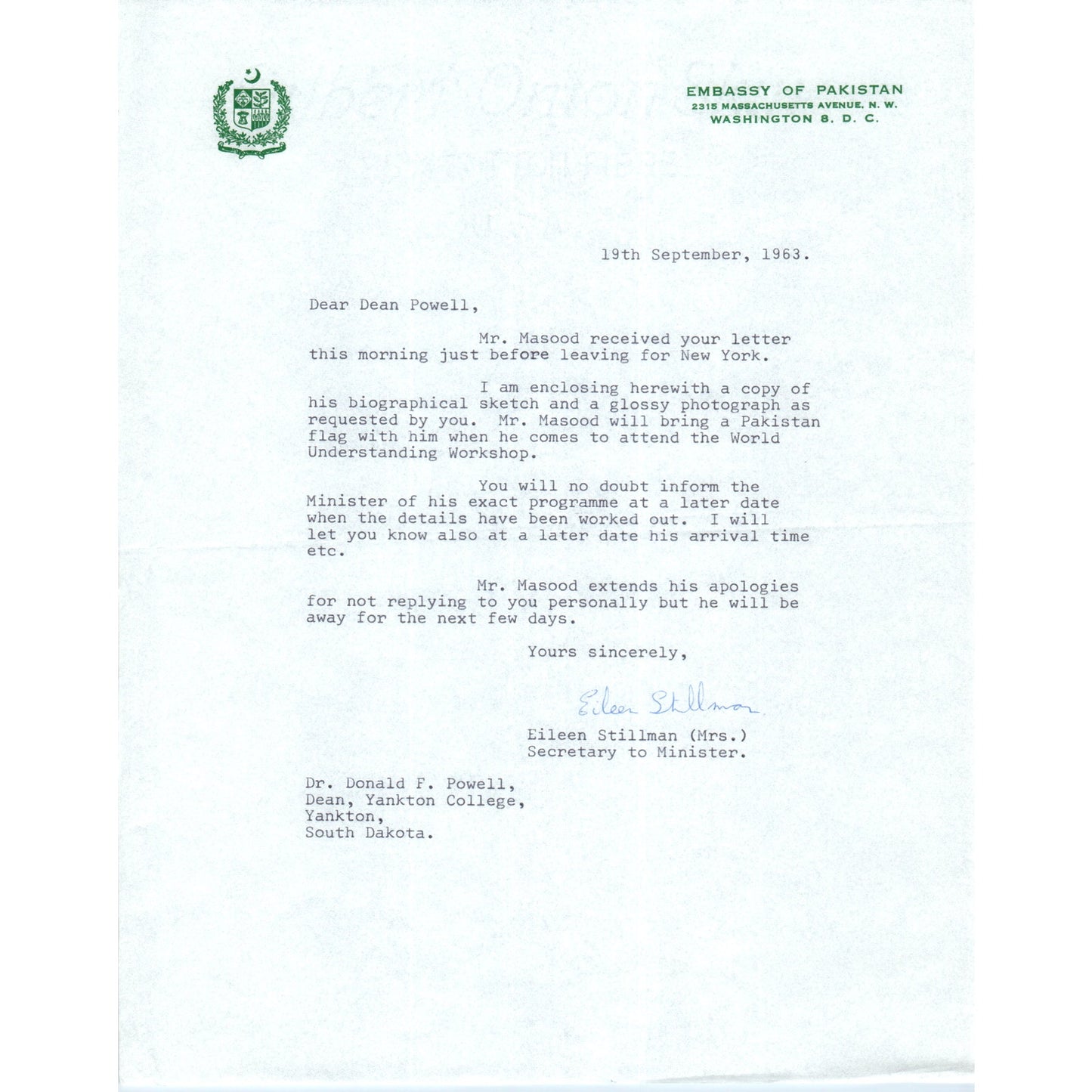 Embassy of Pakistan Official Letterhead Memo Eileen Stillman 1963 B9