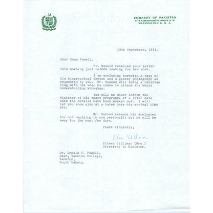 Embassy of Pakistan Official Letterhead Memo Eileen Stillman 1963 B9