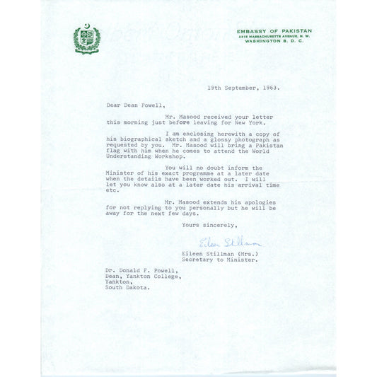 Embassy of Pakistan Official Letterhead Memo Eileen Stillman 1963 B9