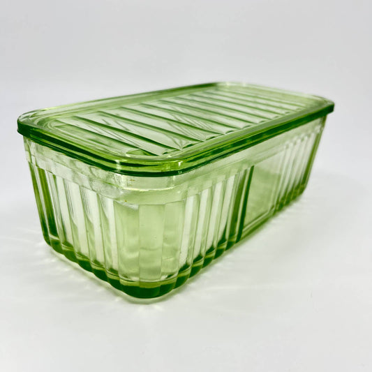 Anchor Hocking Green Uranium Depression Glass Refrigerator Box & Lid 8x4” TD8