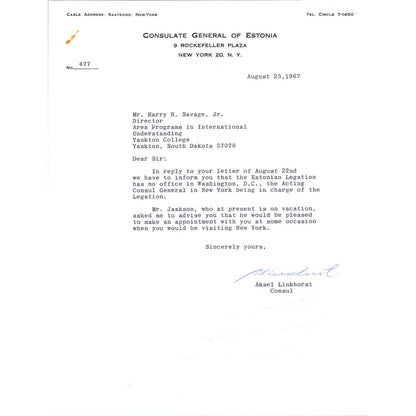 Consulate General of Estonia Official Letterhead Aksel Linkhorst 1967 TK1-P11