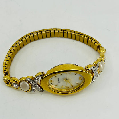 Vintage Gold Tone Rhinestone Quartz Watch Metal Stretch Band SA9