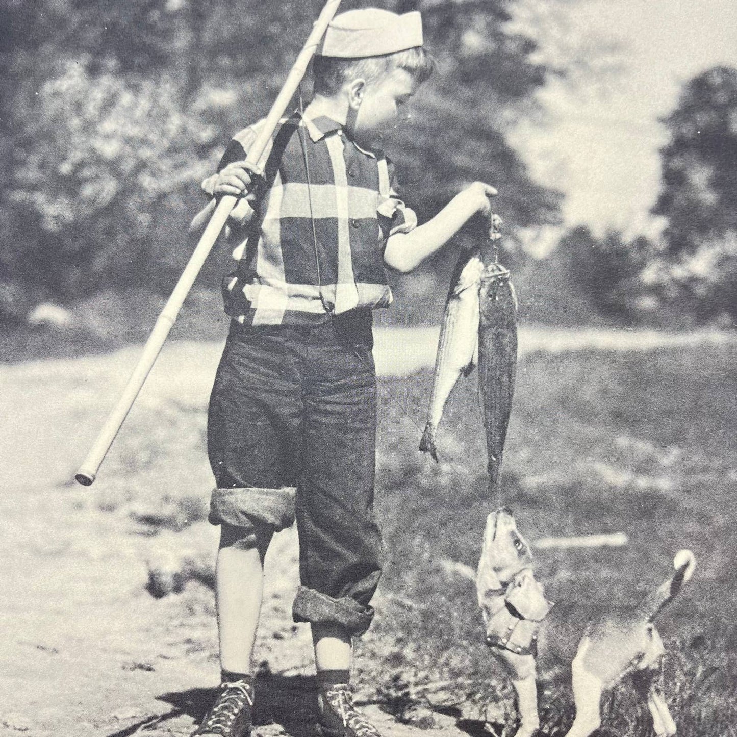 Vintage Black and White Print Boy Fishing with Dog 10.5x11.5” FL3