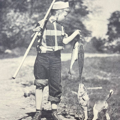 Vintage Black and White Print Boy Fishing with Dog 10.5x11.5” FL3