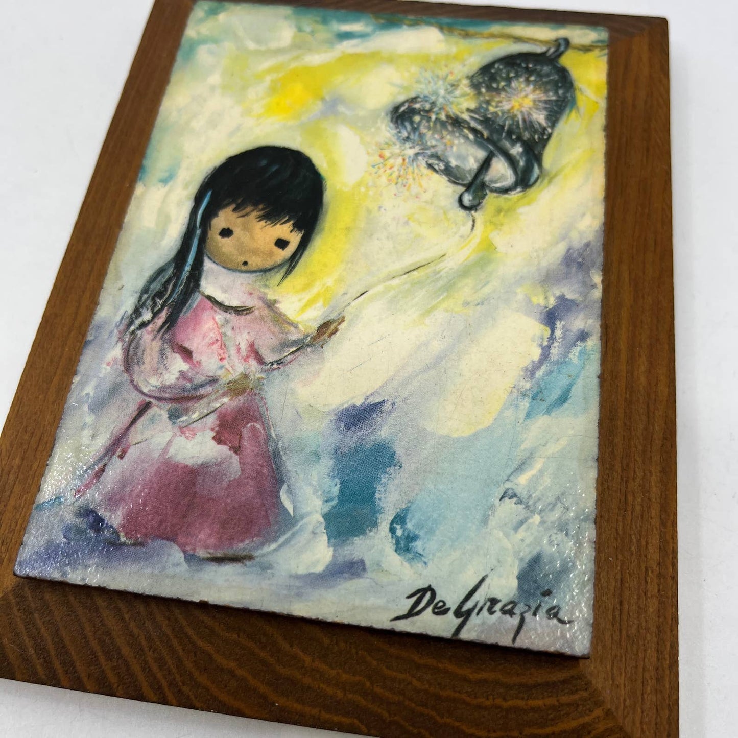 Ted DeGrazia Vintage "The Bell of Hope" Art Print on Wood 4.5 x 6 TI4