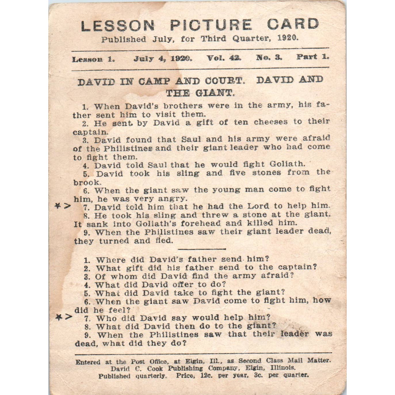 1920 Christian Lesson Picture Card David in Camp and Court SE5