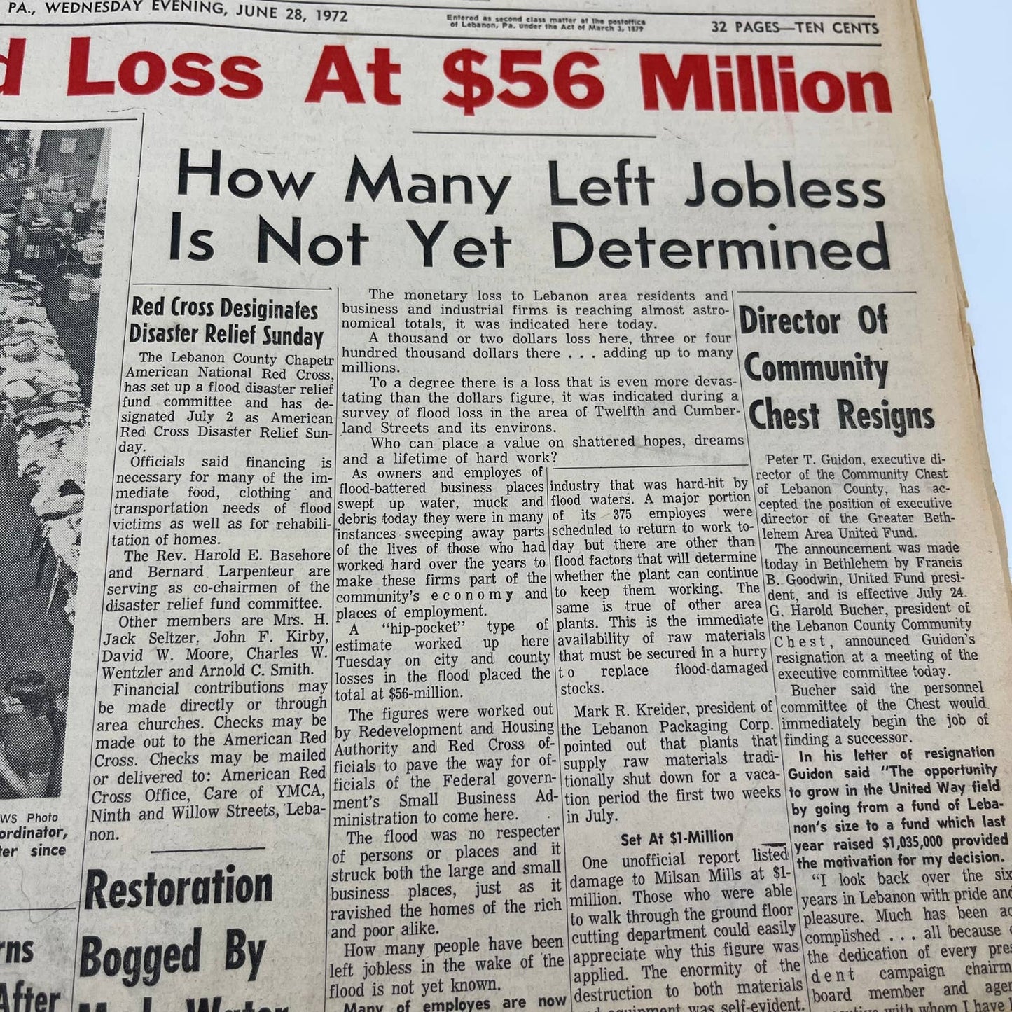 1972 June 28 Lebanon Daily News Hurricane Agnes $56 Million Flood Loss TH6