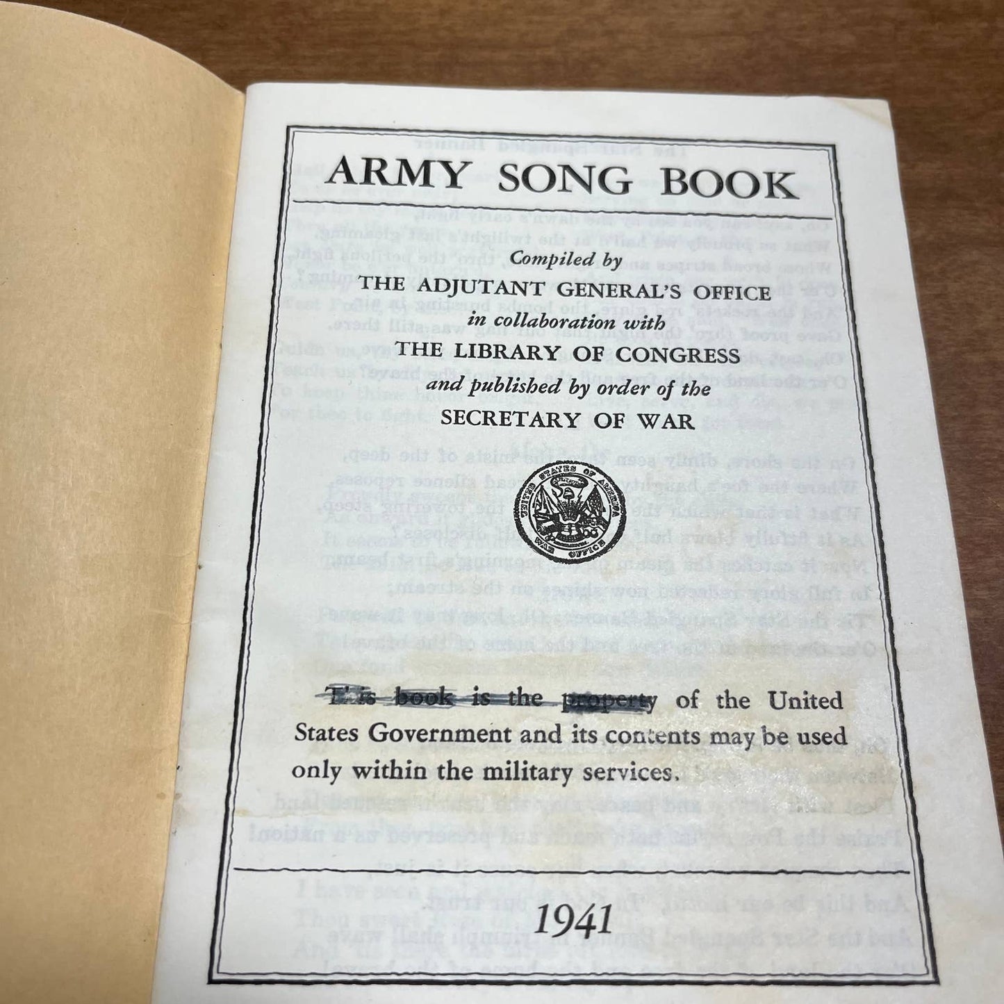 Original Early WW2 U.S. Army Issued "Army Song Book" Pocket Booklet, 1941 A10