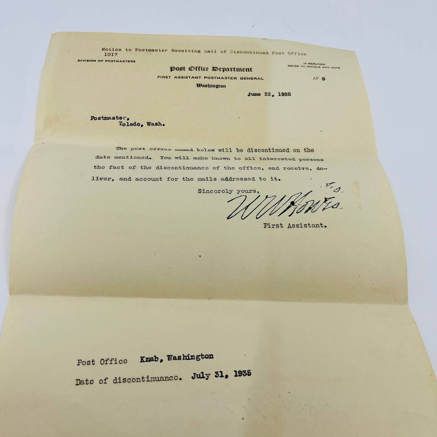 1932 House of Representatives Letter from WA Congressman Albert Johnson SC2