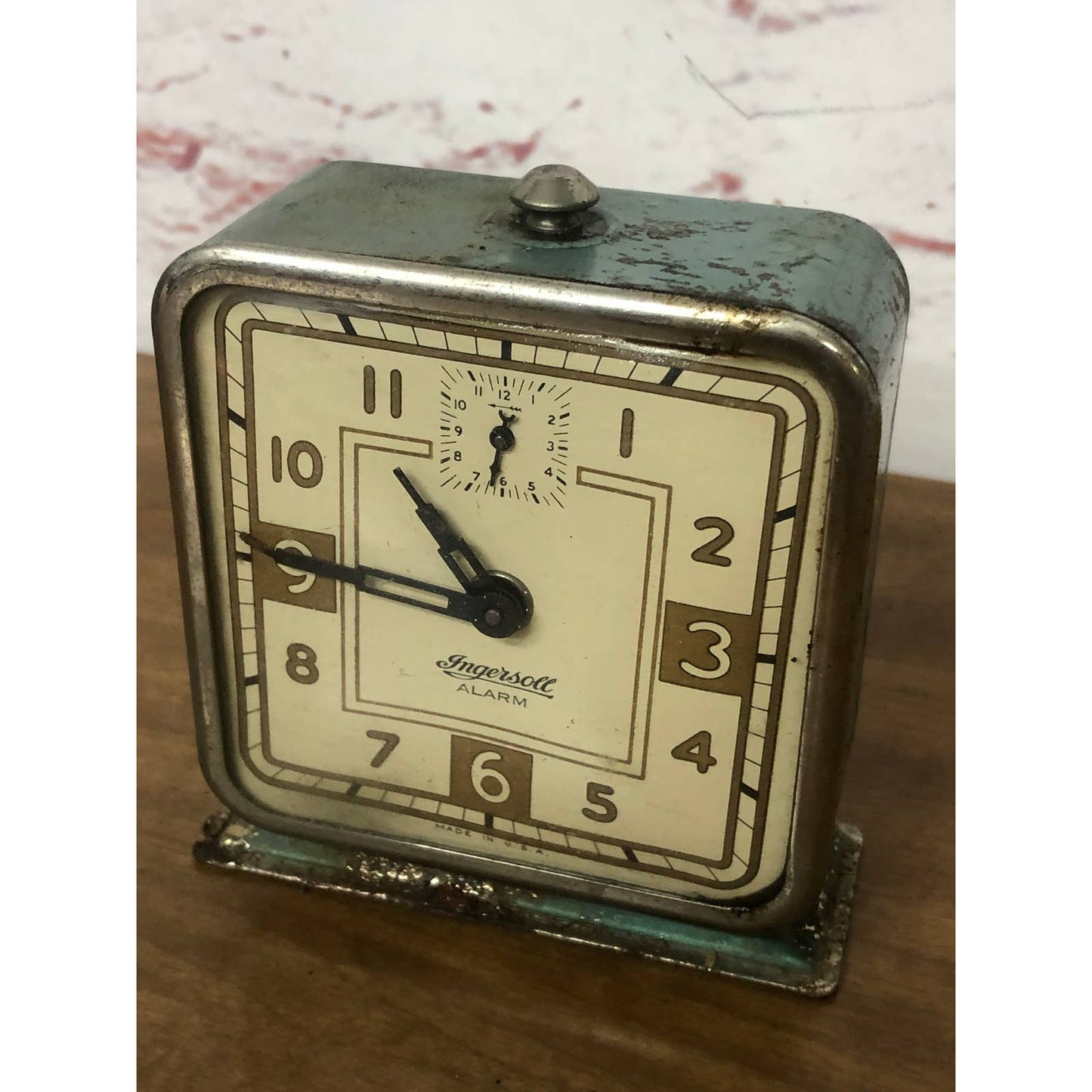 Antique 1931 Ingersoll Teal Square Wind Up Alarm Clock USA