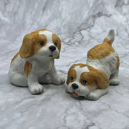 Vintage Homco Bisque Porcelain Set of 2 Springer Spaniel Pup Figurines #1407 TE2