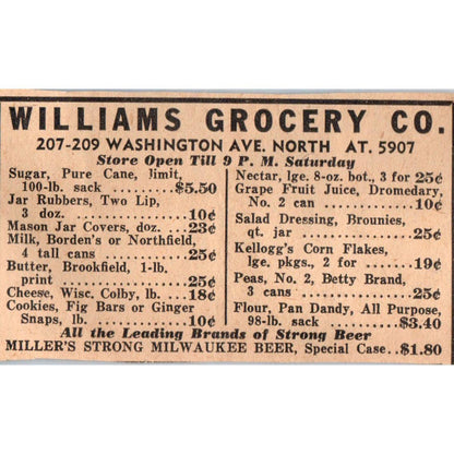 1935 Mpls Journal Newspaper Ad Williams Grocery Co. Washington Ave No. FL5-6