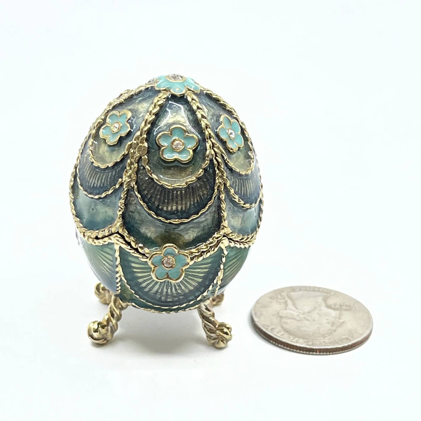 Vintage Cloisonne Monet Egg Trinket Box Enamel Guilloche Jeweled Green Gold SD7