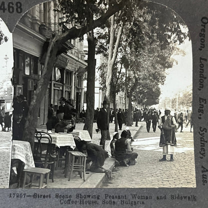 Peasant Women at Sidewalk Coffee House Sofia Bulgaria Antique Stereoview H2-6