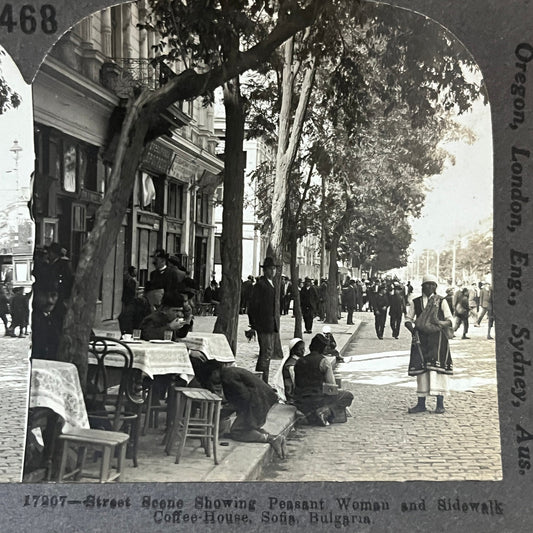 Peasant Women at Sidewalk Coffee House Sofia Bulgaria Antique Stereoview H2-6