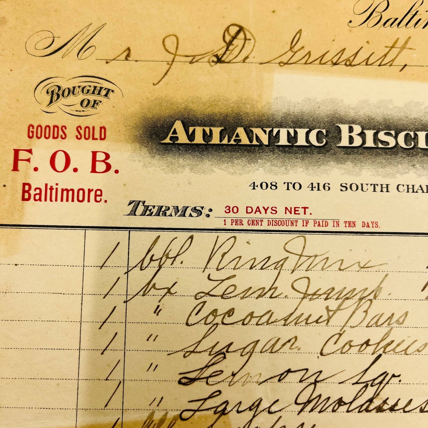 1908 Atlantic Biscuit Company Baltimore MD Billhead Letterhead Receipt AA4