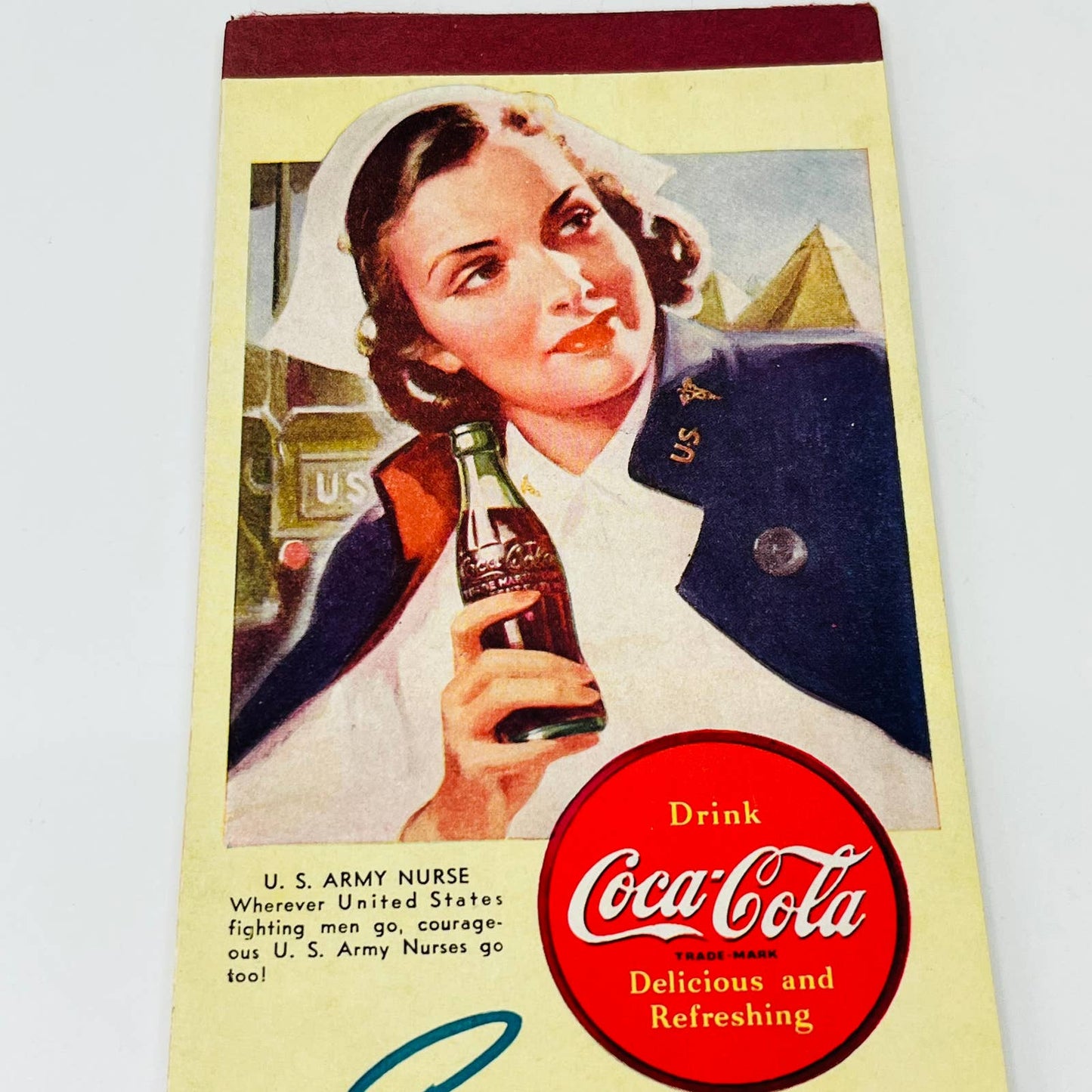 1943 WWII Coca-Cola Bridge Score Tally Card Pad AD Woman Army Nurse C3