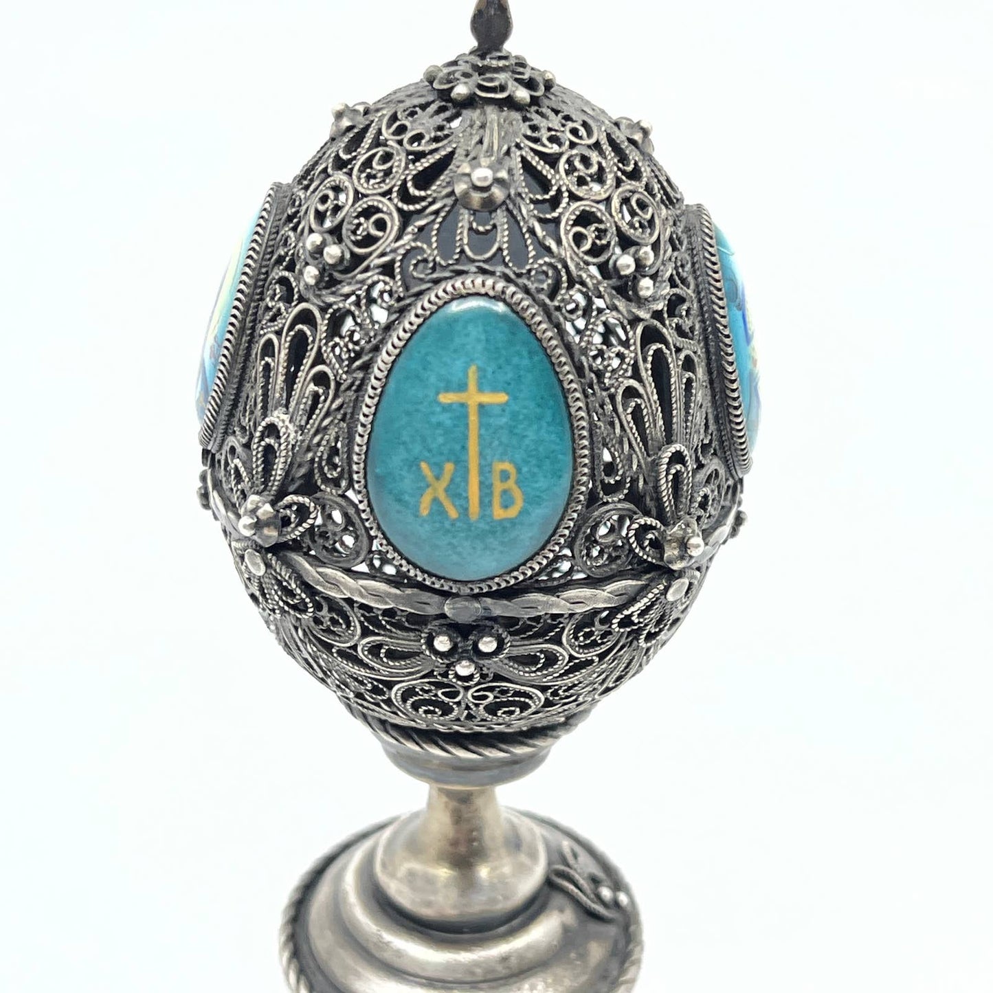 Vintage Russian Pewter Filagree Egg Catholic Jesus and Mary XB 4" TF6