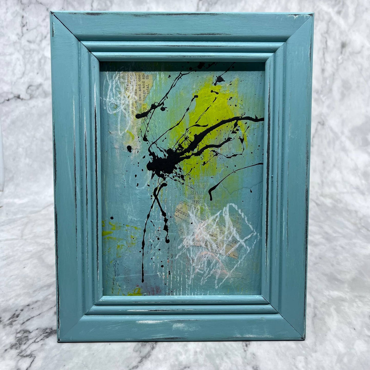 Original Framed Mixed Media Abstract Art Painting 7x9 “7x9 Teal Frame” With COA