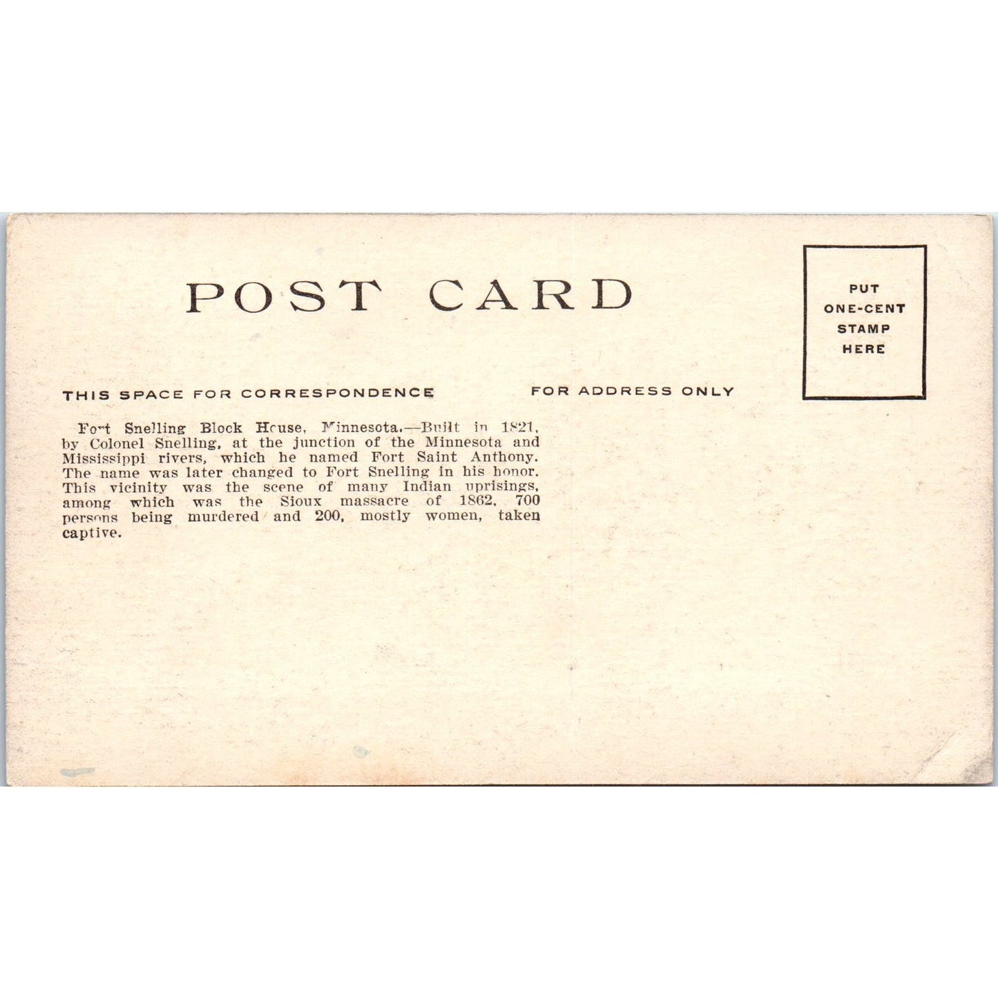 Fort Snelling Block House Minnesota Original Postcard AD8-P20