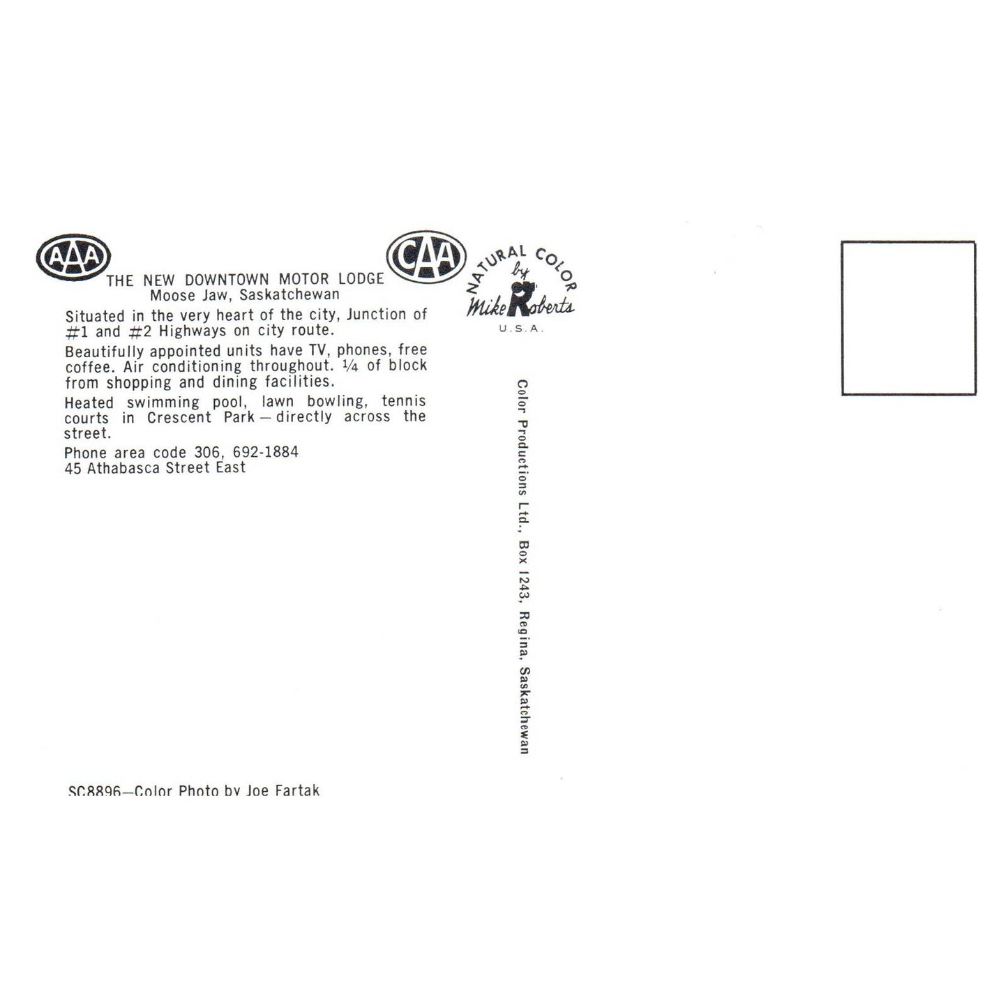 Vintage Postcard - Downtown Motor Lodge Moose Jaw Saskatchewan Canada TJ6-1