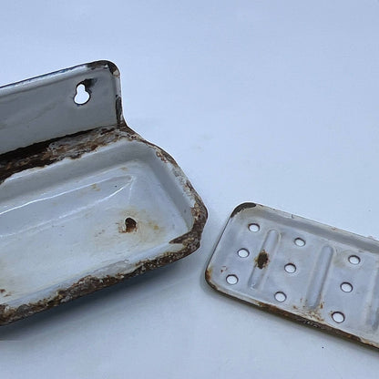 Antique Speckled Graniteware Wall Mount Soap Dish Blue Bath Kitchen TH6