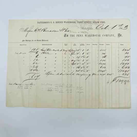 1863 Civil War Penn Warehouse Co Philadelphia PA Billhead Letterhead Receipt AA4