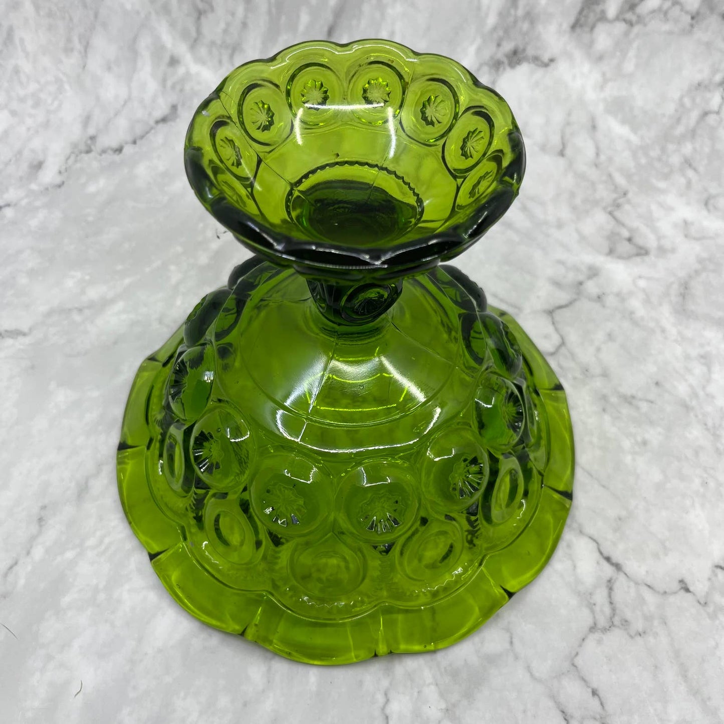 Vintage LE Smith Moon Stars Compote Green Glass Ruffled Edges Large 6.5x8" TA2