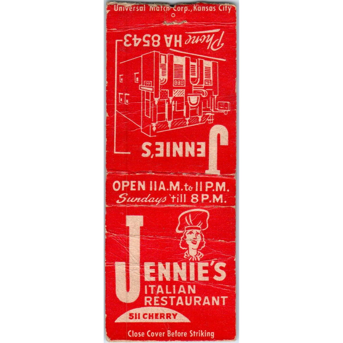 Jennie's Italian Restaurant Kansas City MO Advertising Matchbook Cover SA9-M6