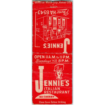 Jennie's Italian Restaurant Kansas City MO Advertising Matchbook Cover SA9-M6