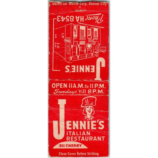 Jennie's Italian Restaurant Kansas City MO Advertising Matchbook Cover SA9-M6