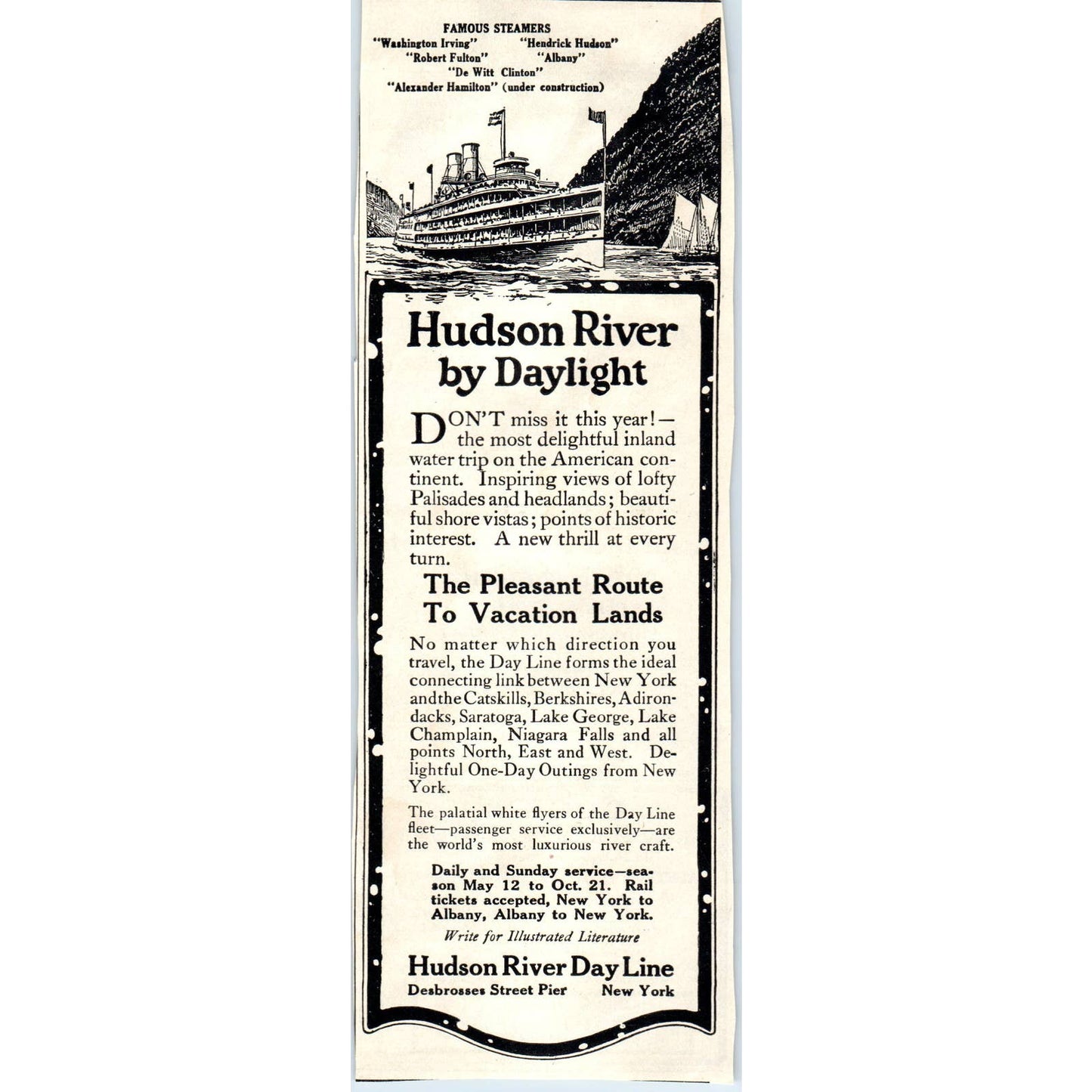 c1920 Harper's Magazine Ad - Hudson River Day Line Steamer Trip EA3-4