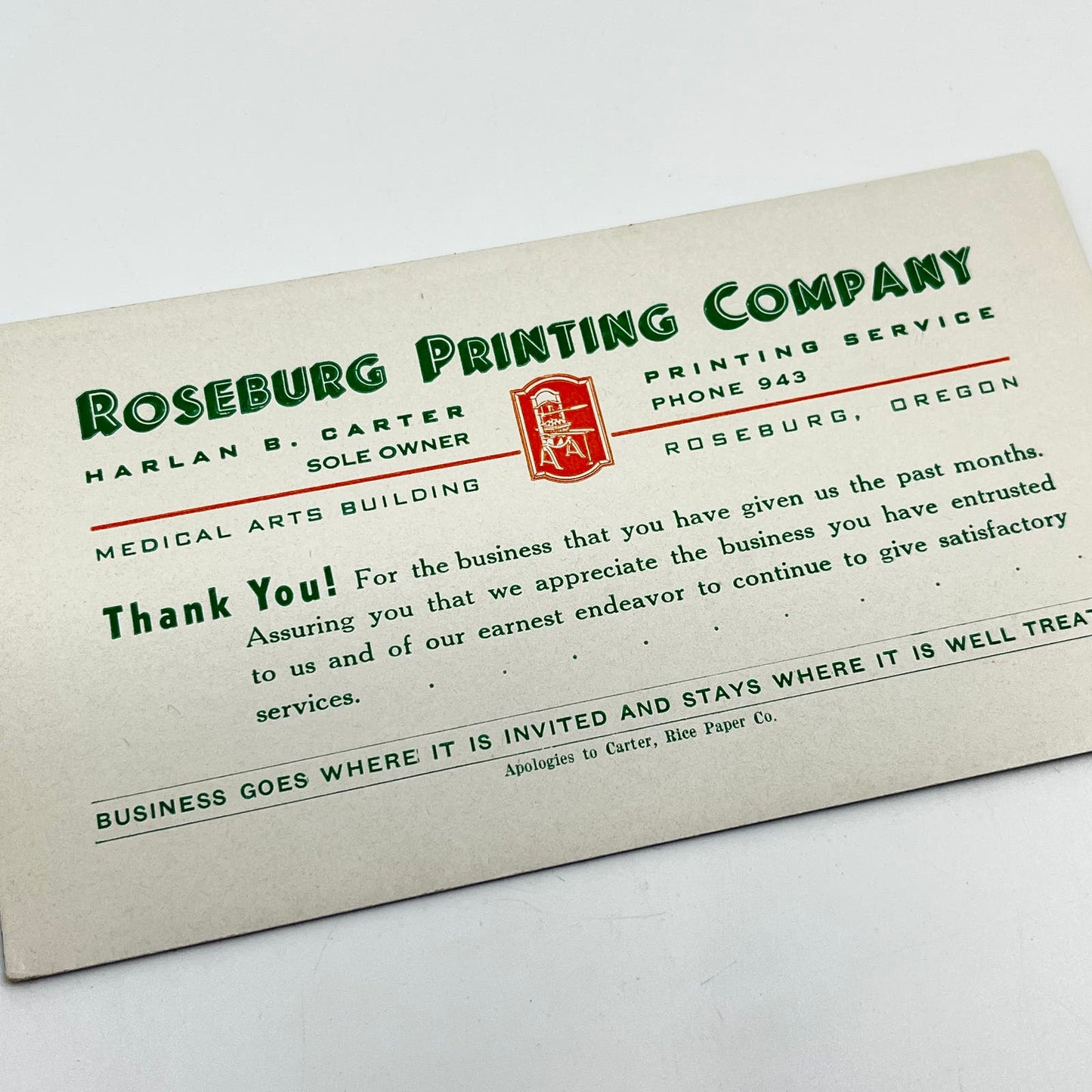 1930s Blotter Card Roseburg Printing Company Harlan B. Carter Roseburg OR SC8