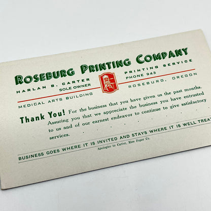 1930s Blotter Card Roseburg Printing Company Harlan B. Carter Roseburg OR SC8