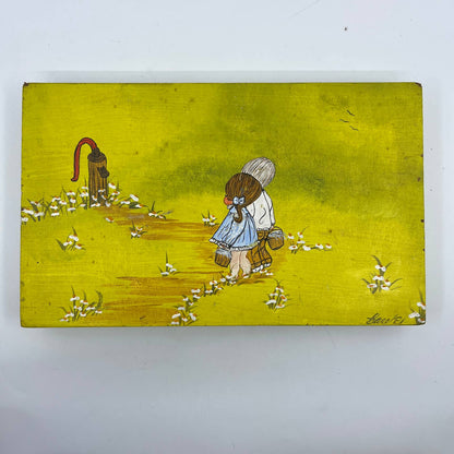 1970s Kitsch Wooden Block Painting Girl & Boy Water Pump Raised Paint 7x12 TG7