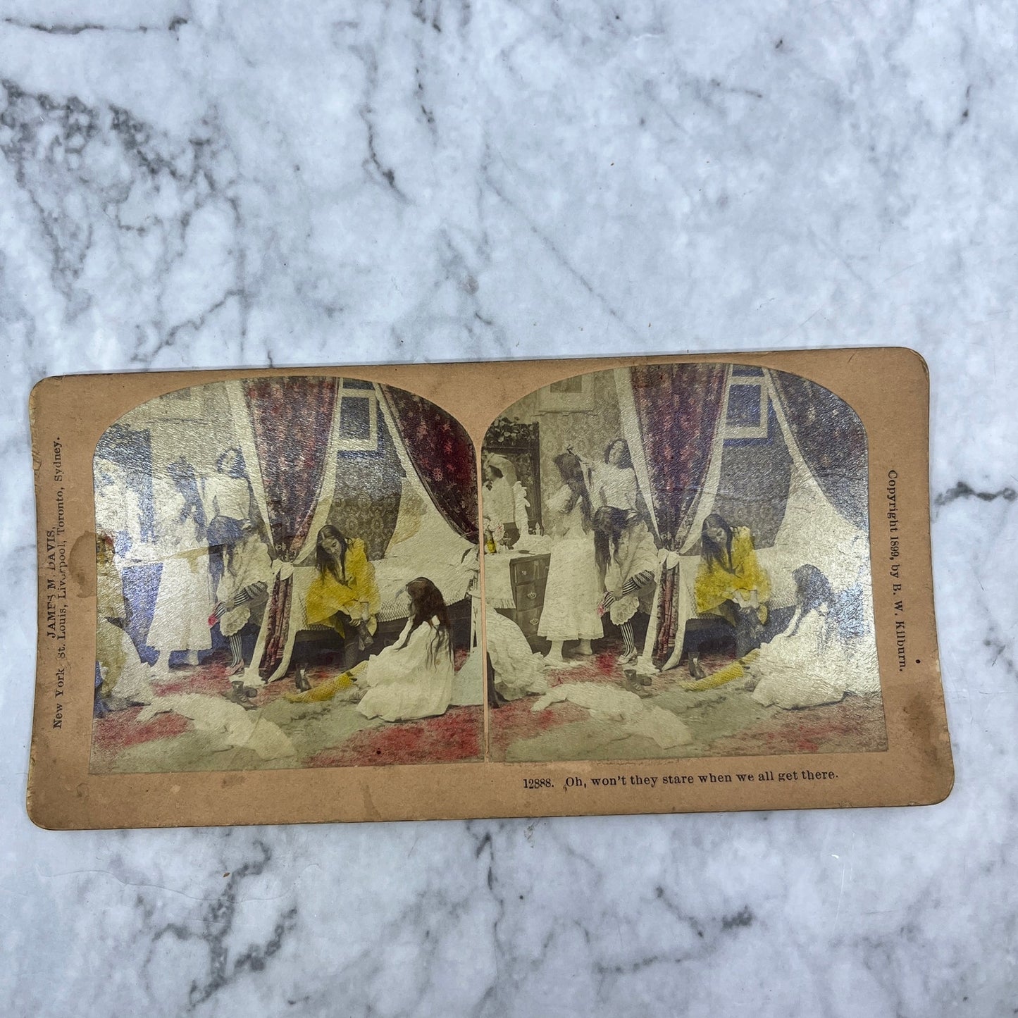 1899 Stereoview Card Victorian Ladies Getting Dressed For a Party H3-2